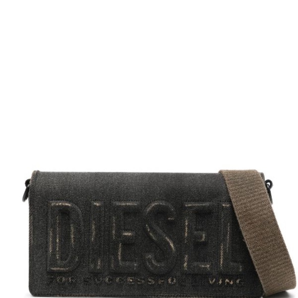 AUTHENTIC Diesel BISCOTTO Black Logo-Embossed Denim Cross Body Bag